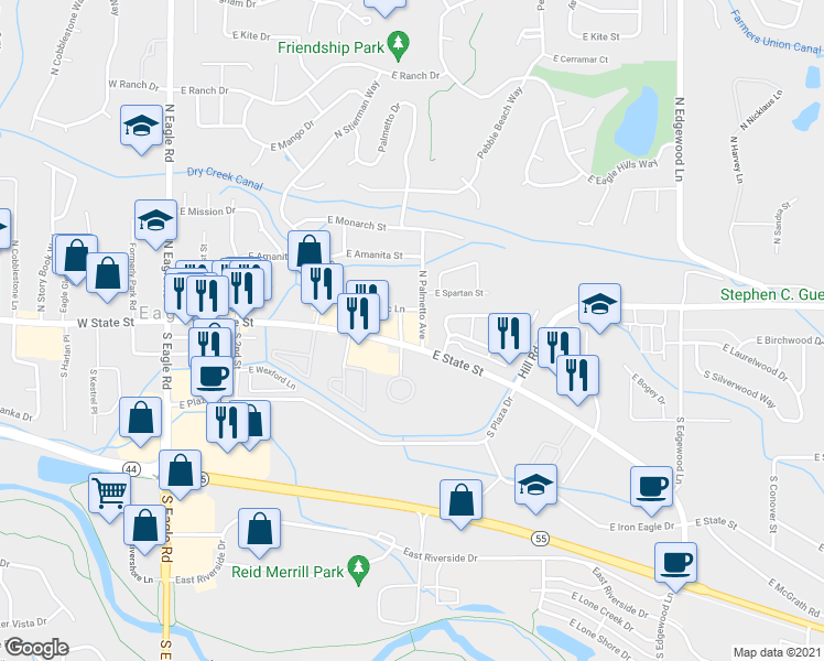 map of restaurants, bars, coffee shops, grocery stores, and more near 768 East State Street in Eagle