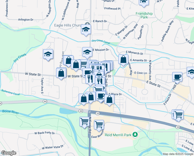 map of restaurants, bars, coffee shops, grocery stores, and more near 99 East State Street in Eagle