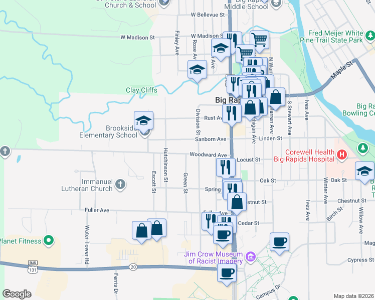 map of restaurants, bars, coffee shops, grocery stores, and more near 316 Woodward Avenue in Big Rapids