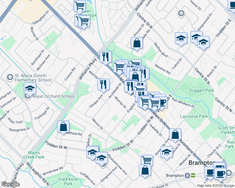 map of restaurants, bars, coffee shops, grocery stores, and more near 20 Murray Street in Brampton