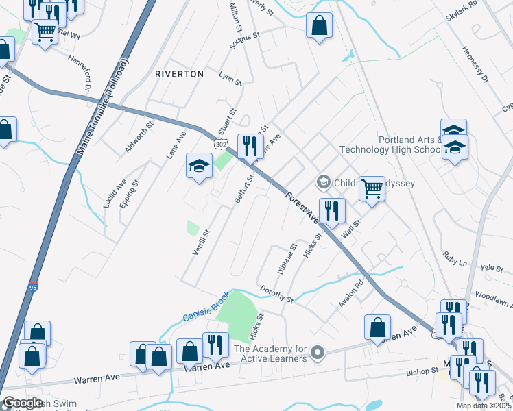 map of restaurants, bars, coffee shops, grocery stores, and more near 28 West Commonwealth Drive in Portland