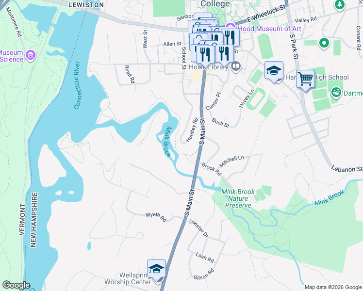 map of restaurants, bars, coffee shops, grocery stores, and more near 43 School Street in Hanover