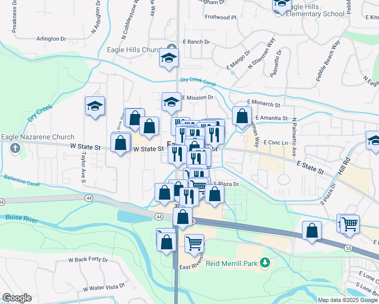 map of restaurants, bars, coffee shops, grocery stores, and more near 99 East State Street in Eagle