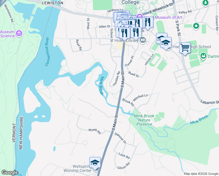 map of restaurants, bars, coffee shops, grocery stores, and more near 43 School Street in Hanover