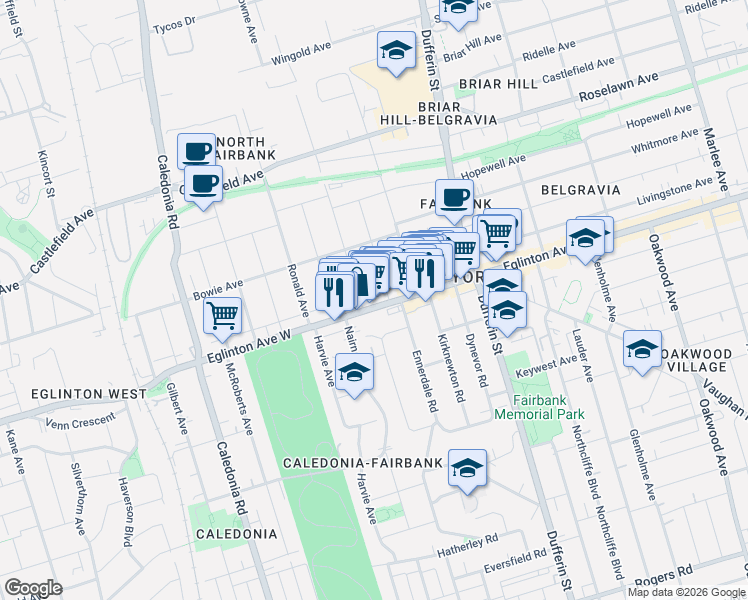 map of restaurants, bars, coffee shops, grocery stores, and more near 1982 Eglinton Avenue West in Toronto