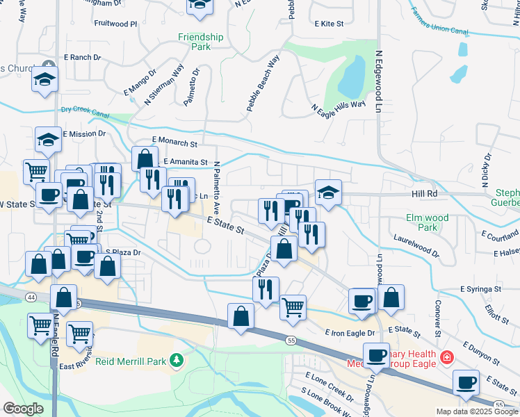 map of restaurants, bars, coffee shops, grocery stores, and more near 988 East Winding Creek Drive in Eagle
