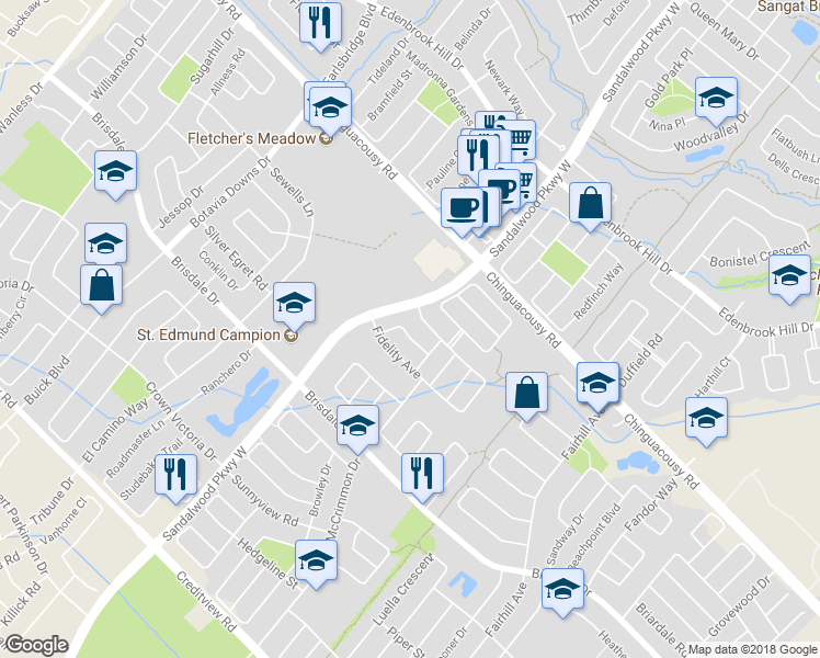 map of restaurants, bars, coffee shops, grocery stores, and more near 18 Patience Drive in Brampton