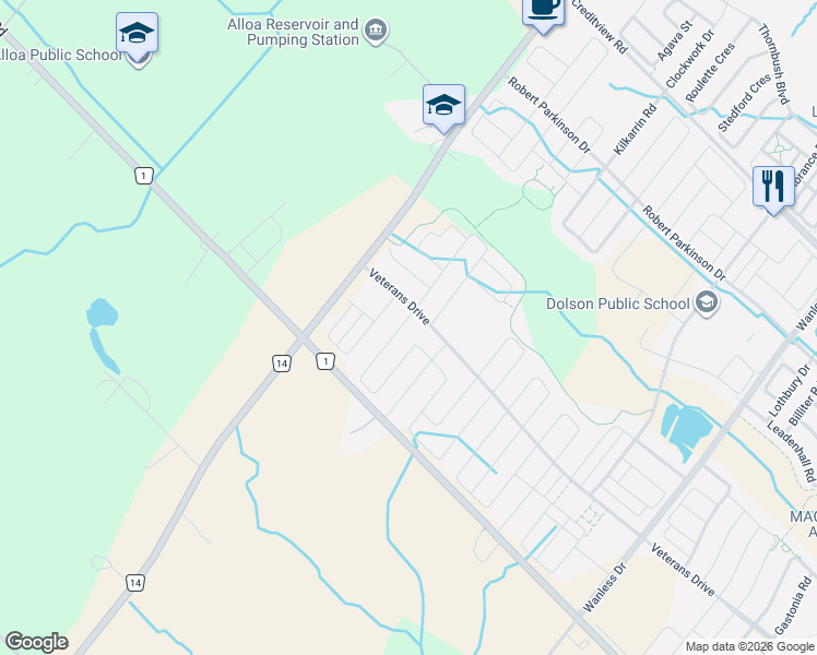 map of restaurants, bars, coffee shops, grocery stores, and more near 145 Adventura Road in Brampton