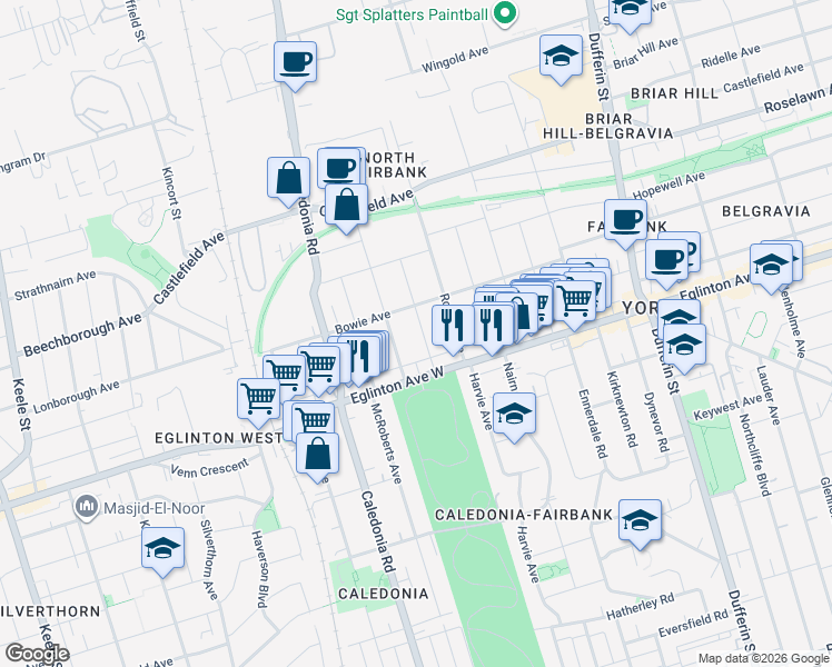 map of restaurants, bars, coffee shops, grocery stores, and more near 28 Little Boulevard in Toronto