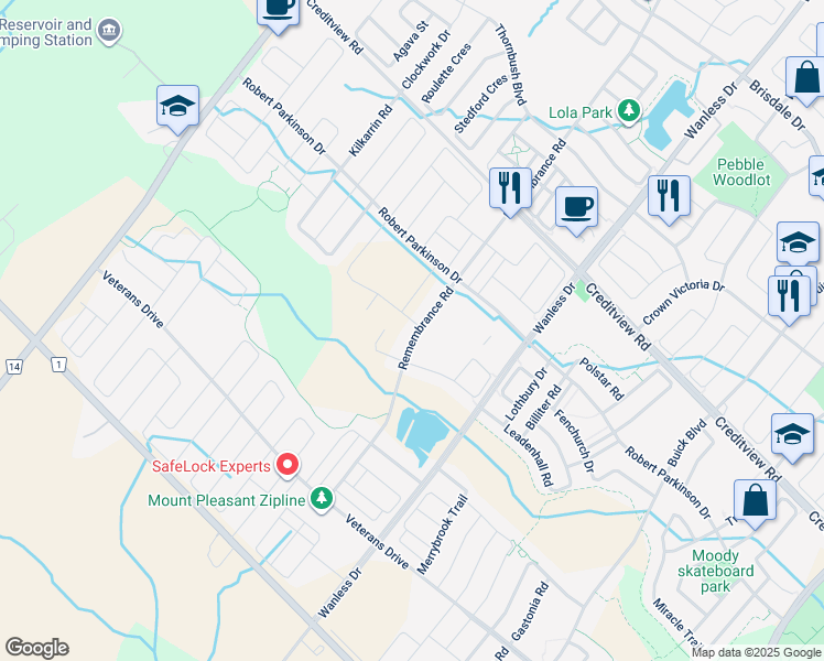 map of restaurants, bars, coffee shops, grocery stores, and more near 108 Remembrance Road in Brampton