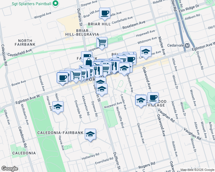map of restaurants, bars, coffee shops, grocery stores, and more near 787 Vaughan Road in Toronto