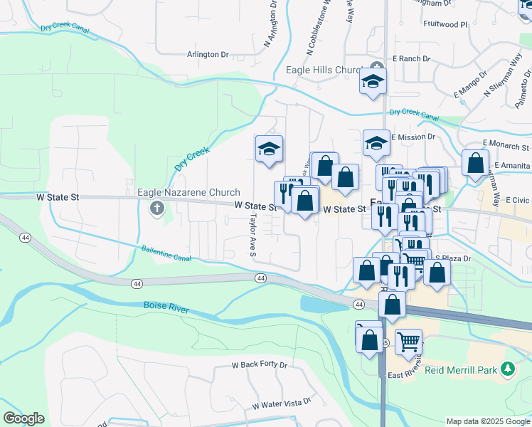 map of restaurants, bars, coffee shops, grocery stores, and more near 515 West State Street in Eagle