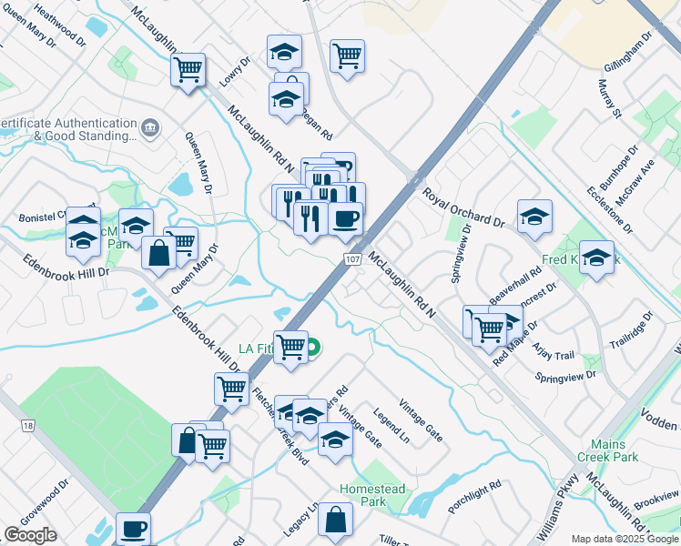 map of restaurants, bars, coffee shops, grocery stores, and more near 793 Bovaird Drive West in Brampton