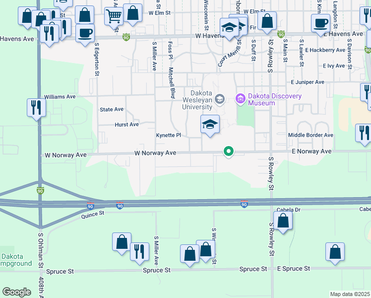 map of restaurants, bars, coffee shops, grocery stores, and more near 700 West Norway Avenue in Mitchell