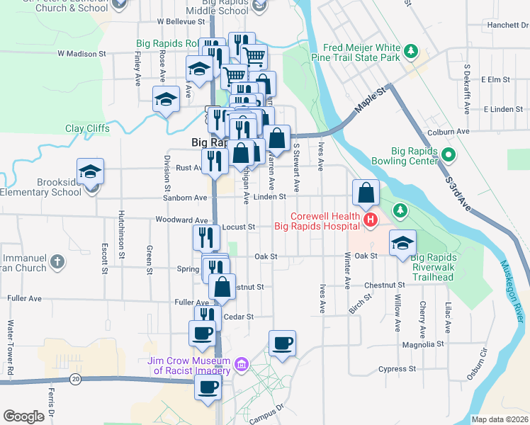 map of restaurants, bars, coffee shops, grocery stores, and more near 316 South Warren Avenue in Big Rapids