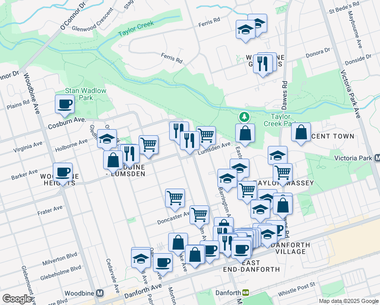 map of restaurants, bars, coffee shops, grocery stores, and more near 512 Main Street in Toronto