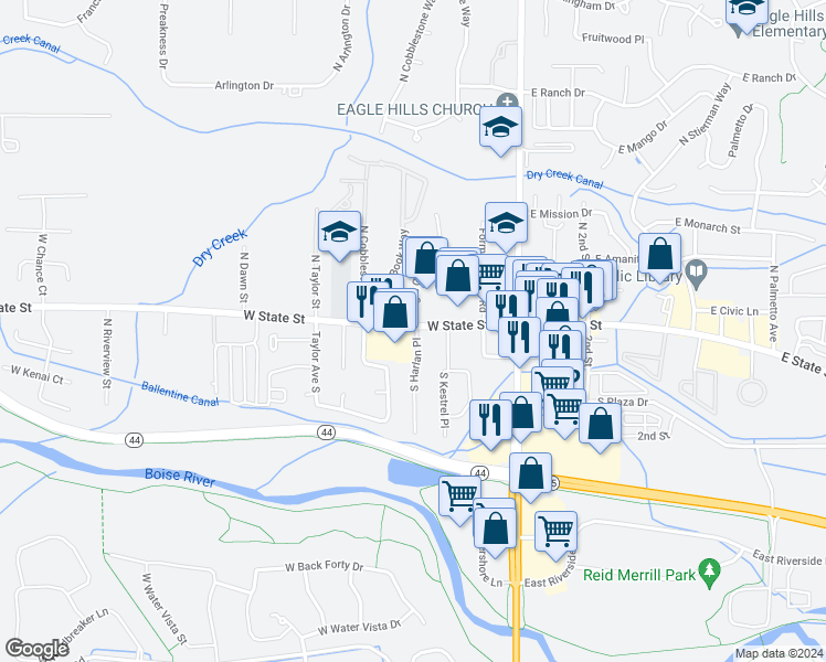 map of restaurants, bars, coffee shops, grocery stores, and more near 339 West State Street in Eagle