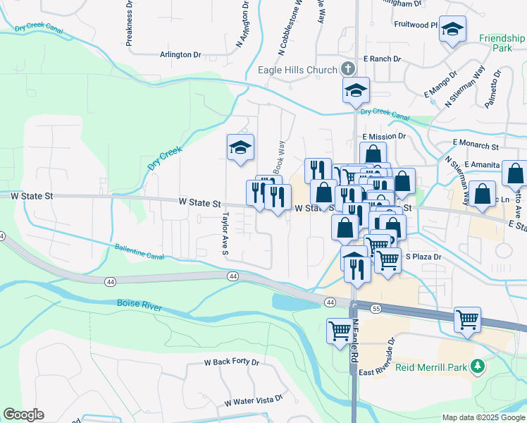 map of restaurants, bars, coffee shops, grocery stores, and more near 395 West State Street in Eagle
