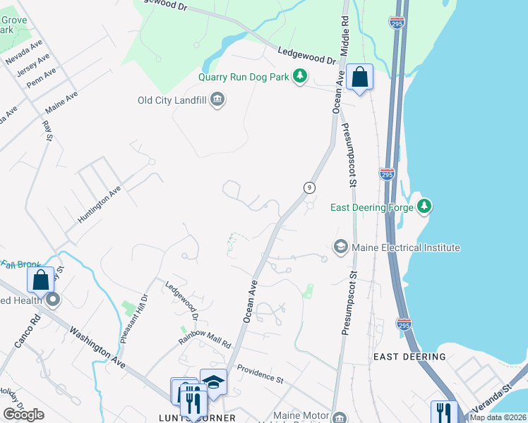 map of restaurants, bars, coffee shops, grocery stores, and more near 60 Ridge Road in Portland