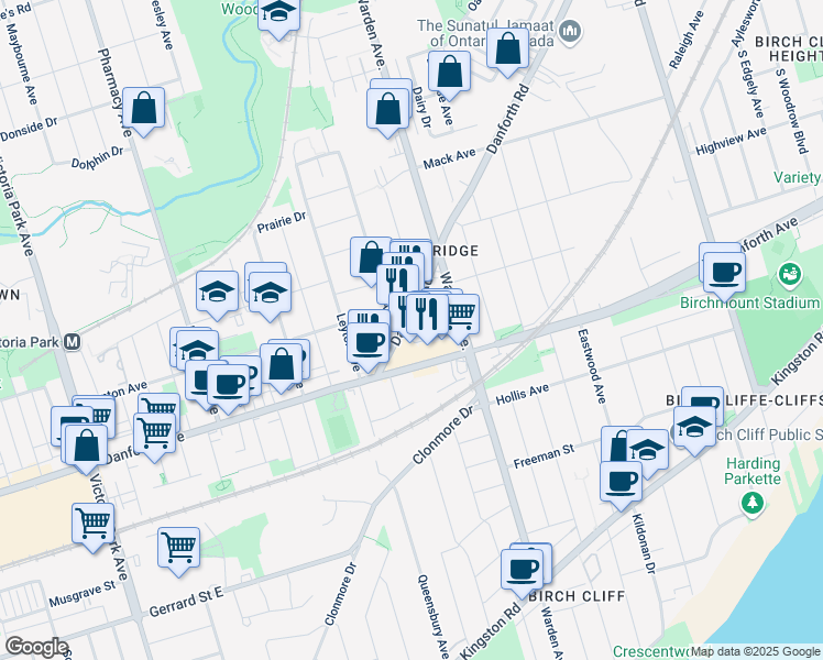 map of restaurants, bars, coffee shops, grocery stores, and more near 11 Patterson Avenue in Toronto
