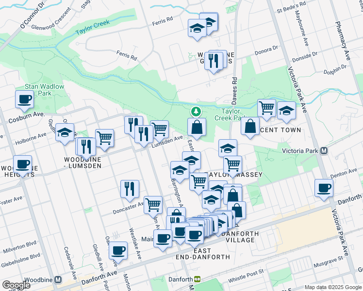 map of restaurants, bars, coffee shops, grocery stores, and more near in Toronto