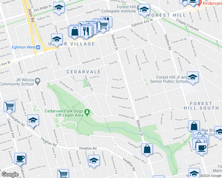 map of restaurants, bars, coffee shops, grocery stores, and more near in Toronto