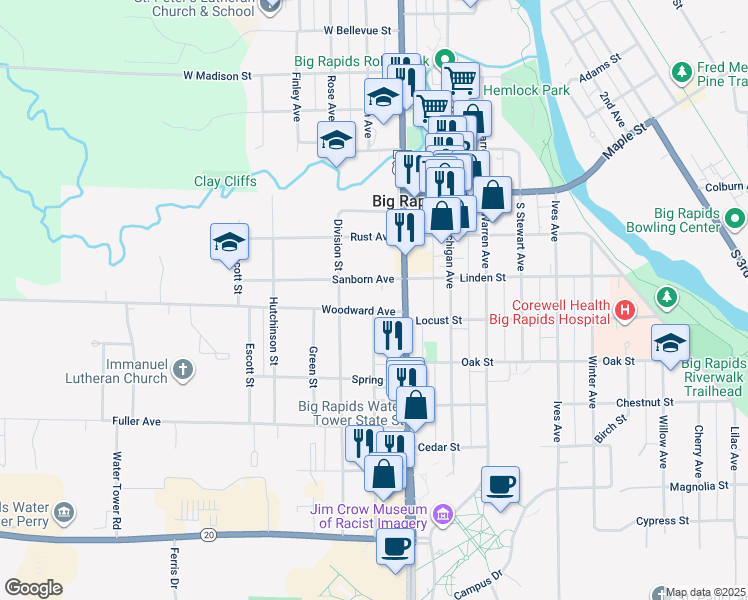 map of restaurants, bars, coffee shops, grocery stores, and more near 124 Woodward Avenue in Big Rapids