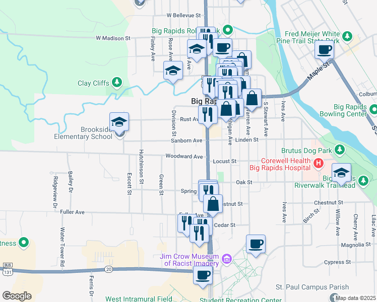 map of restaurants, bars, coffee shops, grocery stores, and more near 124 Woodward Avenue in Big Rapids