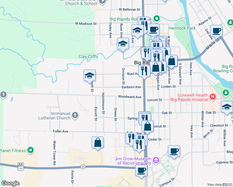 map of restaurants, bars, coffee shops, grocery stores, and more near 400 Woodward Avenue in Big Rapids