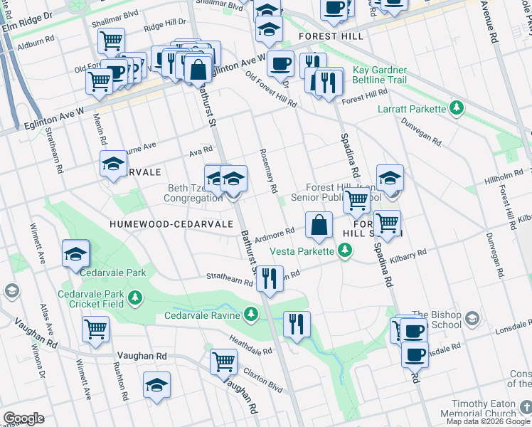 map of restaurants, bars, coffee shops, grocery stores, and more near 217 Richview Avenue in Toronto