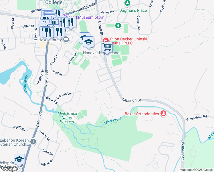 map of restaurants, bars, coffee shops, grocery stores, and more near 3 Storrs Road in Hanover
