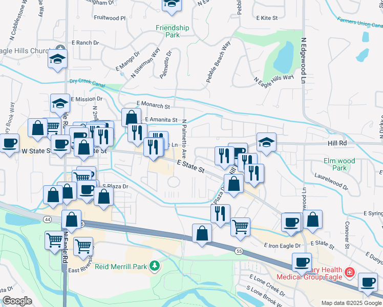 map of restaurants, bars, coffee shops, grocery stores, and more near 850 East Shadow Creek Lane in Eagle