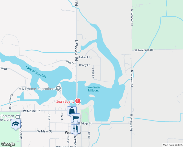 map of restaurants, bars, coffee shops, grocery stores, and more near 3821 West Lindy Lane in Weidman