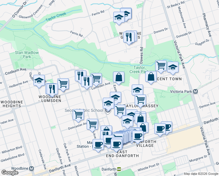 map of restaurants, bars, coffee shops, grocery stores, and more near 94 Eastdale Avenue in Toronto