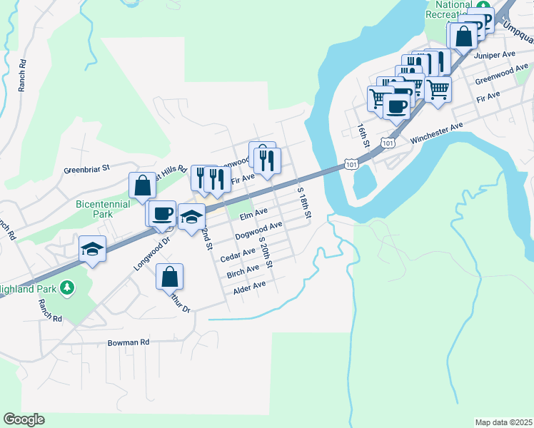 map of restaurants, bars, coffee shops, grocery stores, and more near 1950 Elm Avenue in Reedsport
