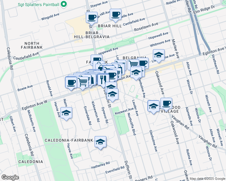 map of restaurants, bars, coffee shops, grocery stores, and more near 800 Vaughan Road in Toronto
