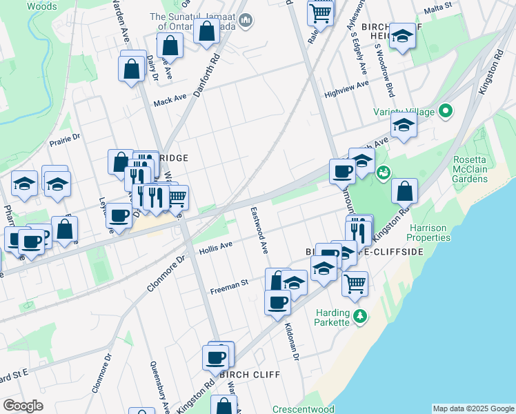 map of restaurants, bars, coffee shops, grocery stores, and more near 145 Eastwood Avenue in Toronto