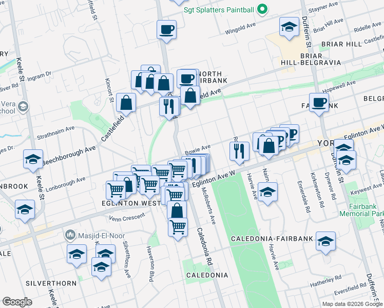 map of restaurants, bars, coffee shops, grocery stores, and more near 56 Snider Avenue in Toronto