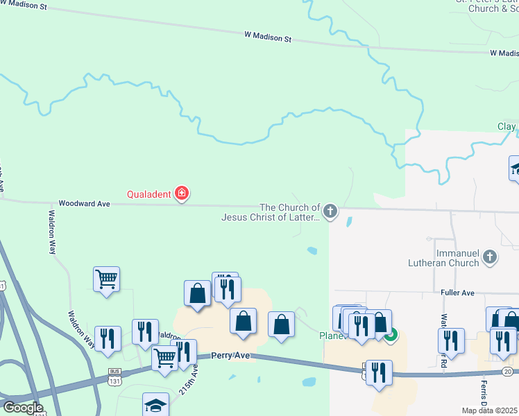 map of restaurants, bars, coffee shops, grocery stores, and more near 21191 Woodward Avenue in Big Rapids