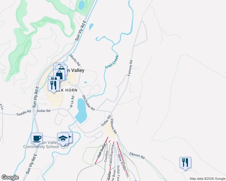 map of restaurants, bars, coffee shops, grocery stores, and more near 1300 New Villager Condo Drive in Sun Valley