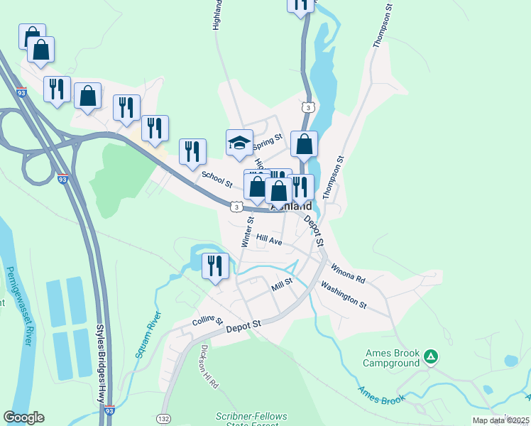 map of restaurants, bars, coffee shops, grocery stores, and more near 55 Main Street in Ashland