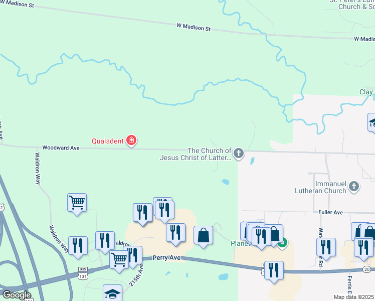 map of restaurants, bars, coffee shops, grocery stores, and more near 21191 Woodward Avenue in Big Rapids