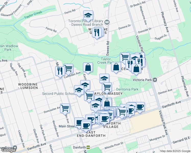 map of restaurants, bars, coffee shops, grocery stores, and more near 28 Goodwood Park Crescent in Toronto