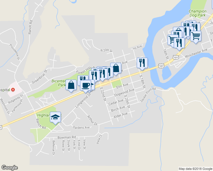 map of restaurants, bars, coffee shops, grocery stores, and more near 2150 Winchester Ave in Reedsport