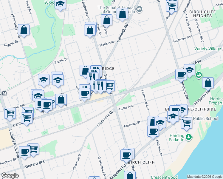 map of restaurants, bars, coffee shops, grocery stores, and more near 461 Warden Avenue in Toronto