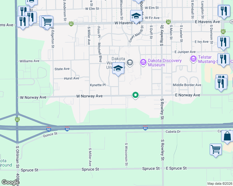 map of restaurants, bars, coffee shops, grocery stores, and more near 1500-1598 West University Avenue in Mitchell
