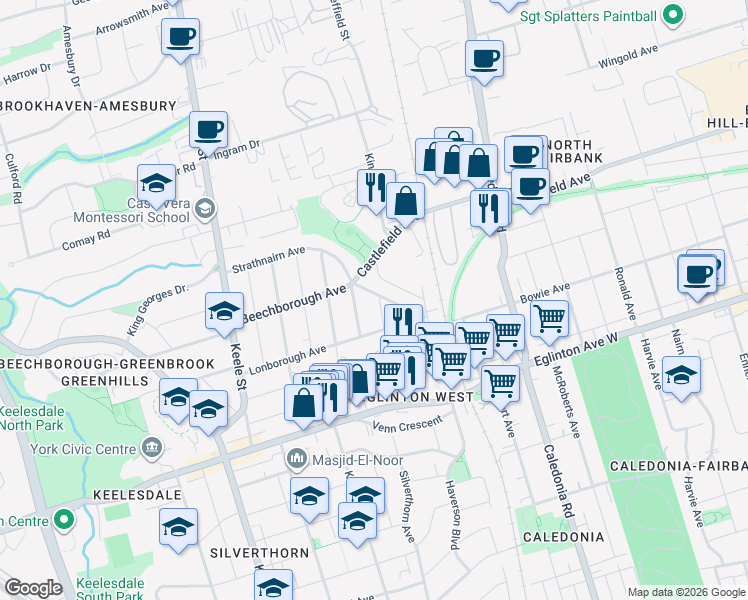 map of restaurants, bars, coffee shops, grocery stores, and more near 67 Strathnairn Avenue in Toronto