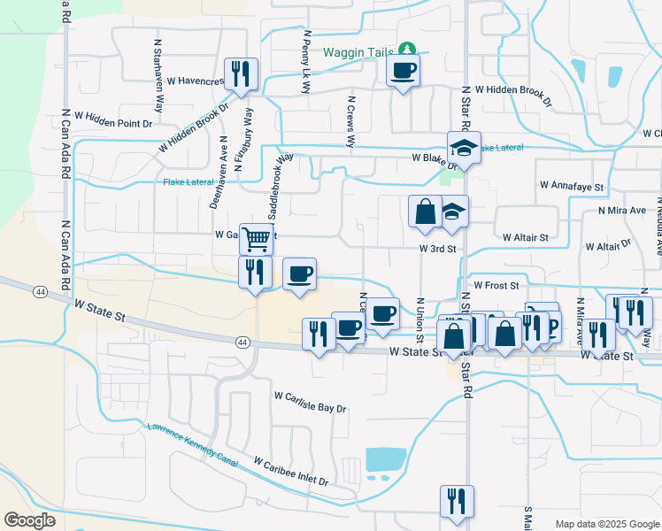 map of restaurants, bars, coffee shops, grocery stores, and more near 343 North Center Street in Star