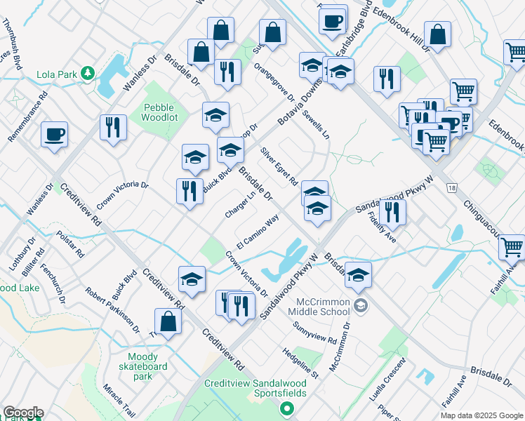 map of restaurants, bars, coffee shops, grocery stores, and more near 29 Chevrolet Drive in Brampton