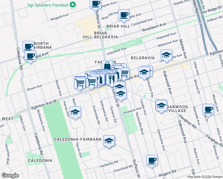map of restaurants, bars, coffee shops, grocery stores, and more near 2344 Dufferin Street in Toronto
